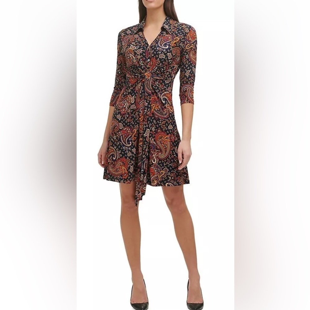 Tommy Hilfiger Women's Navy Paisley Jersey Tie-Waist Shirt Dress - Size 10 - NWT